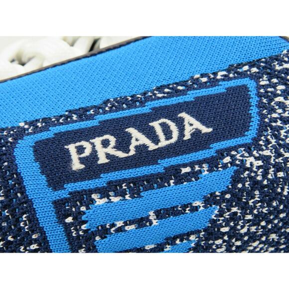NIB PRADA 2EG272 BLUE FABRIC TRAINERS KNIT LOGO LACE UP SNEAKERS 7 US 8 ITALY